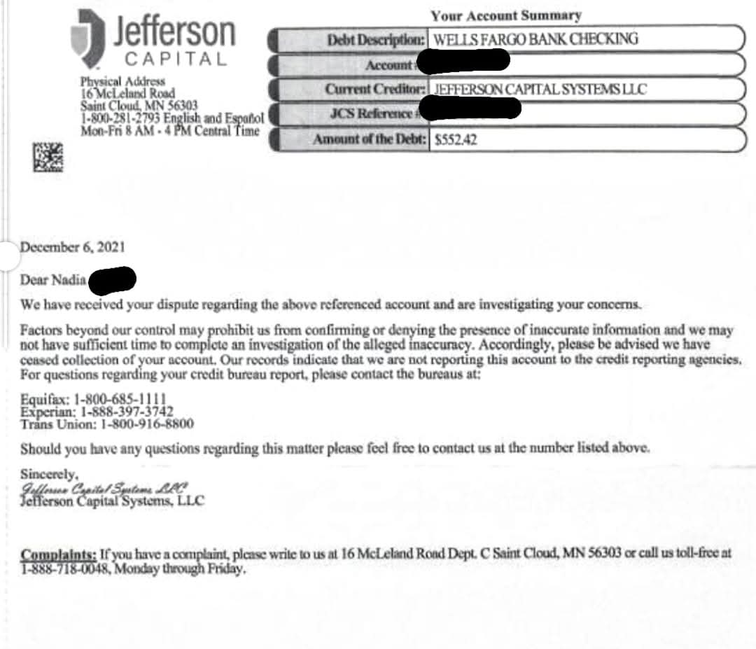 Jefferson Capital deletion letter