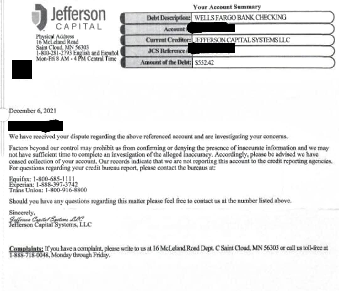 Redacted 2021 letter from Jefferson Capital Systems: stopped collecting, and says it isn't reporting the account