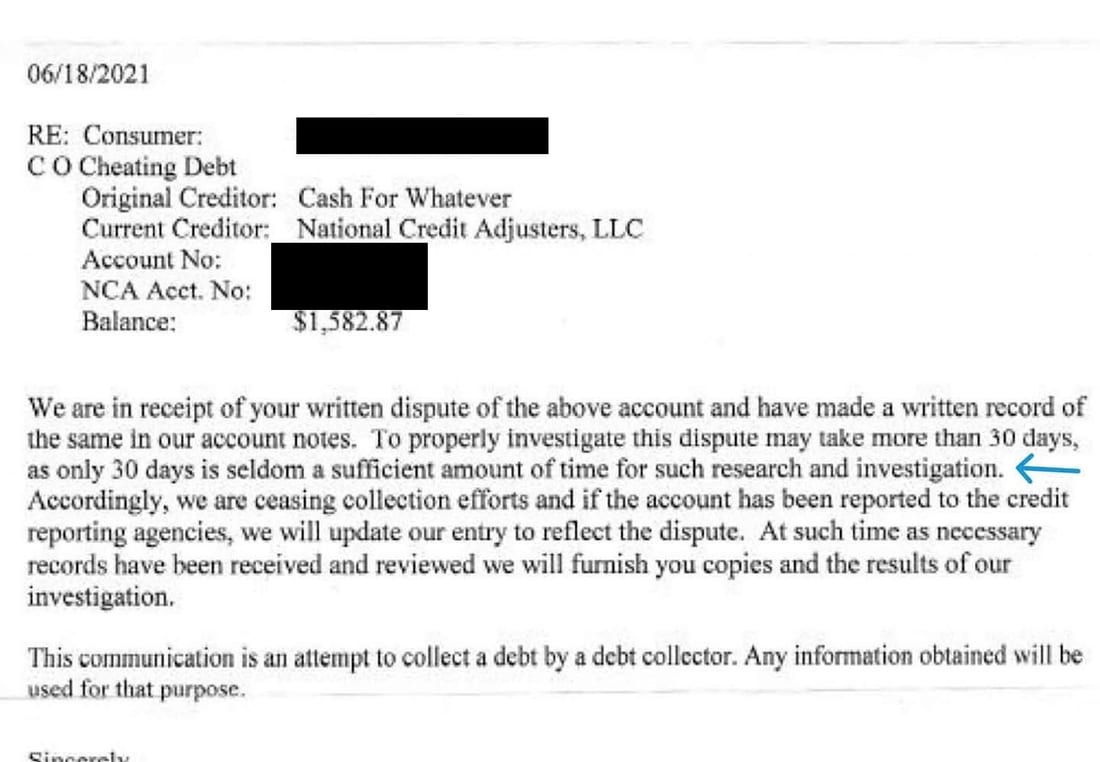 Redacted 2021 letter from National Credit Adjusters: ceased collecting while it investigates the dispute