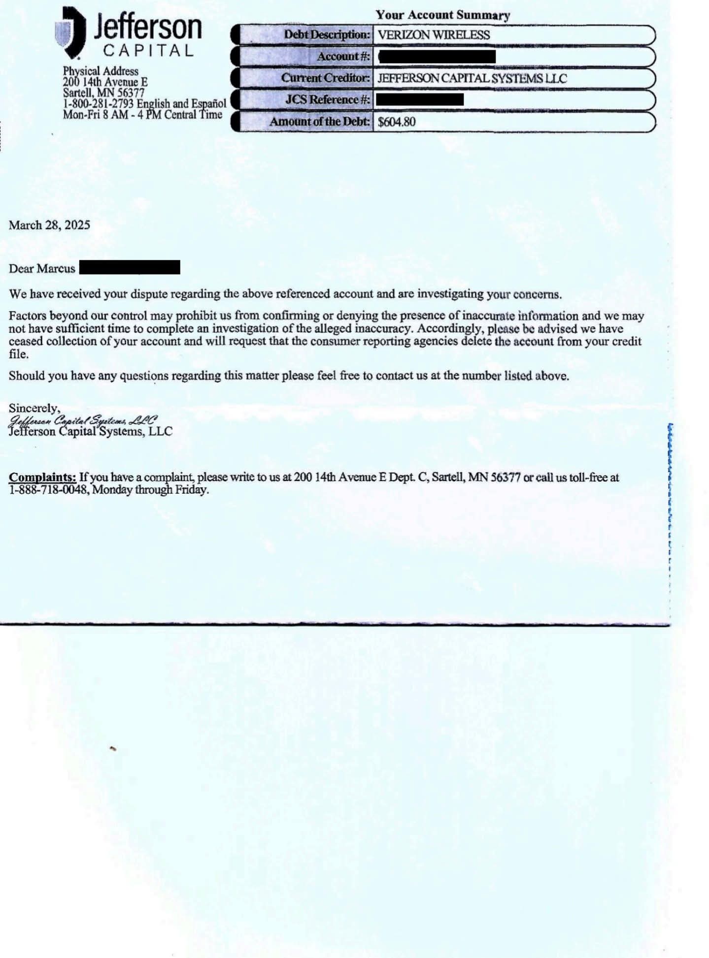 Marcus debt collection dispute deletion letter showing $604.80 account removed