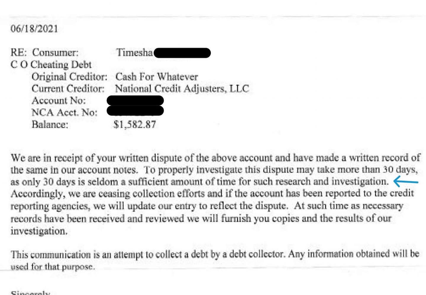 National Credit Adjusters deletion letter