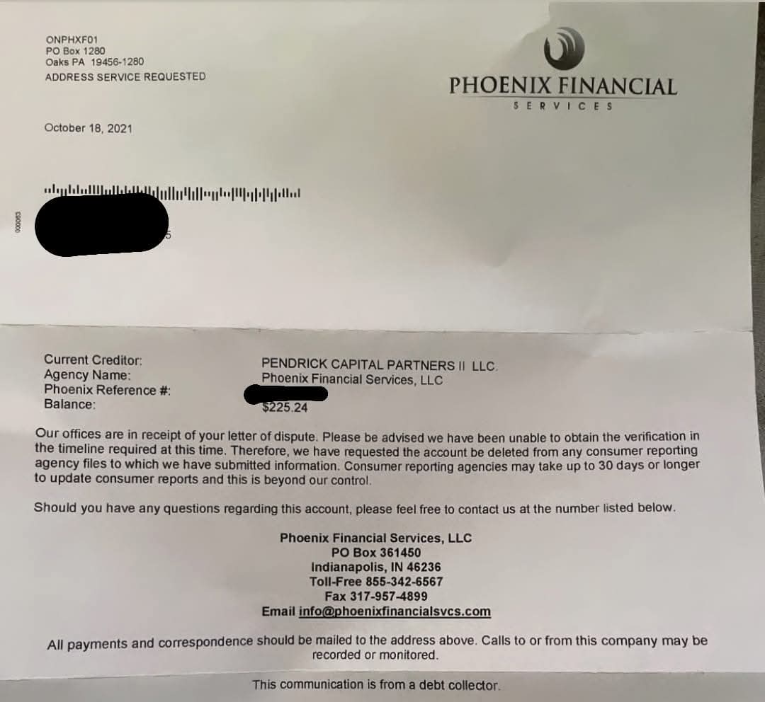 Phoenix Financial deletion letter